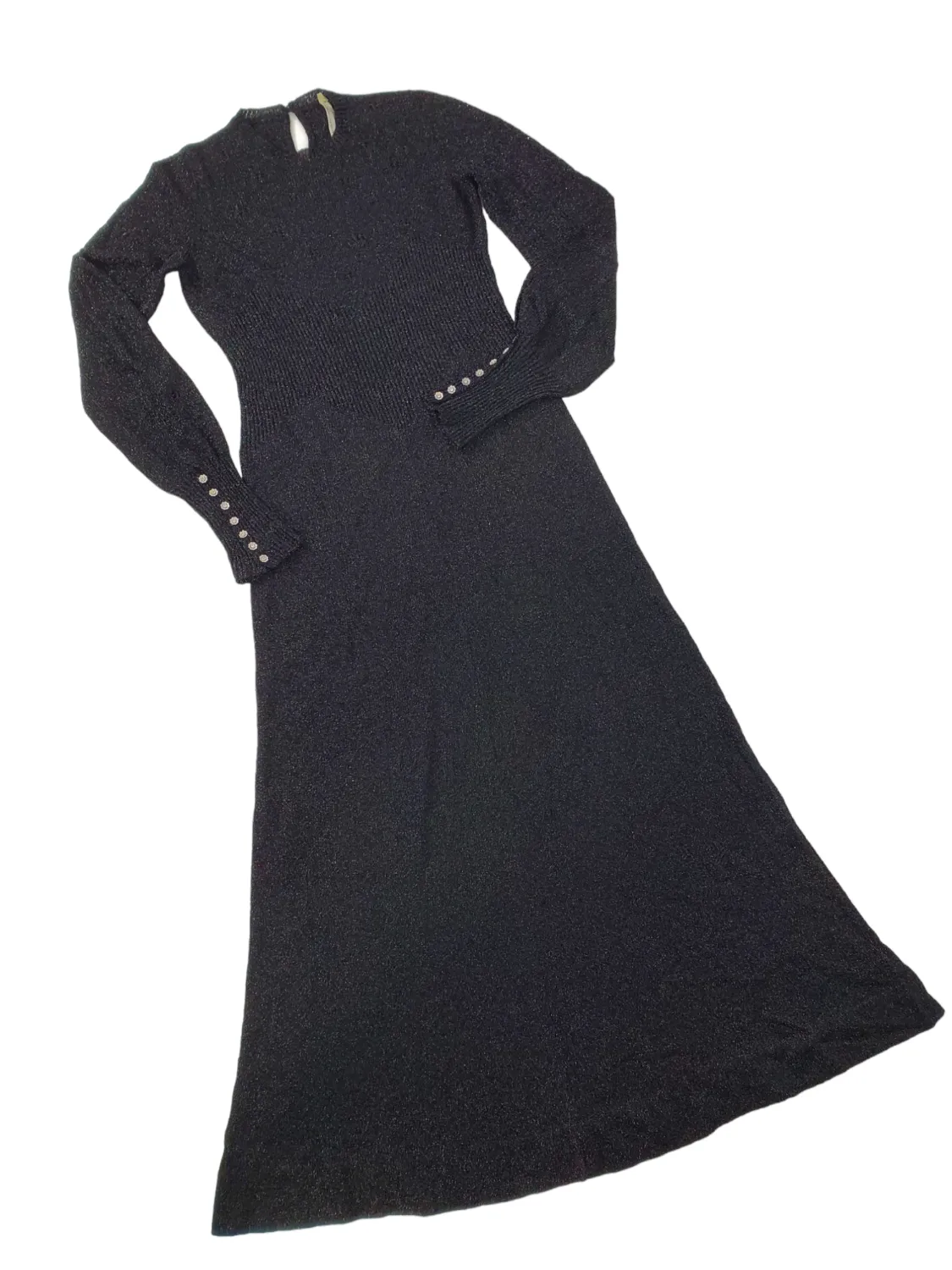 60s/70s Black Metallic Pointelle Knit Maxi Dress - sm, med