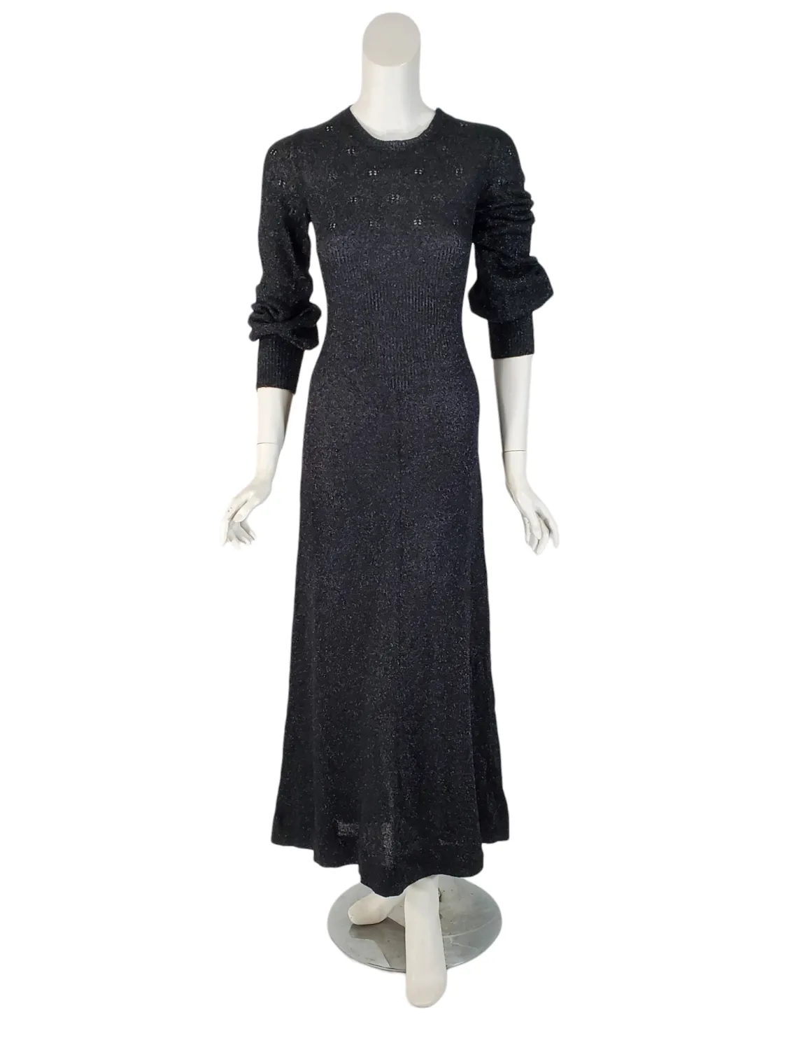 60s/70s Black Metallic Pointelle Knit Maxi Dress - sm, med