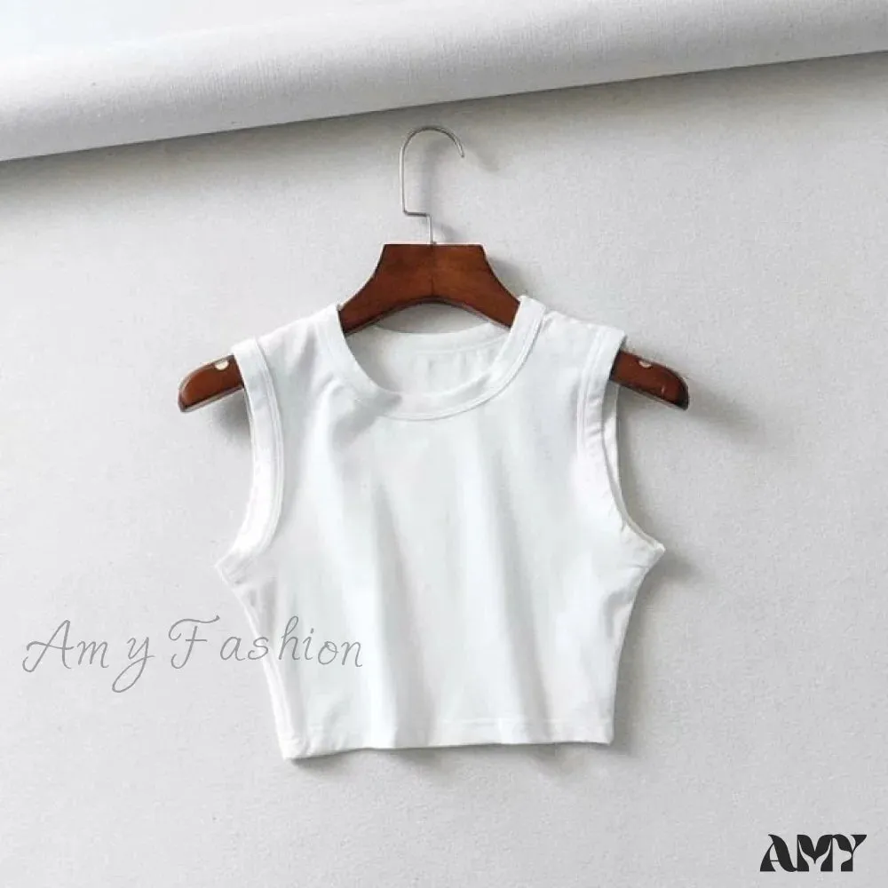 Amy Fashion - O-Neck White Solid Skinny Crop Top