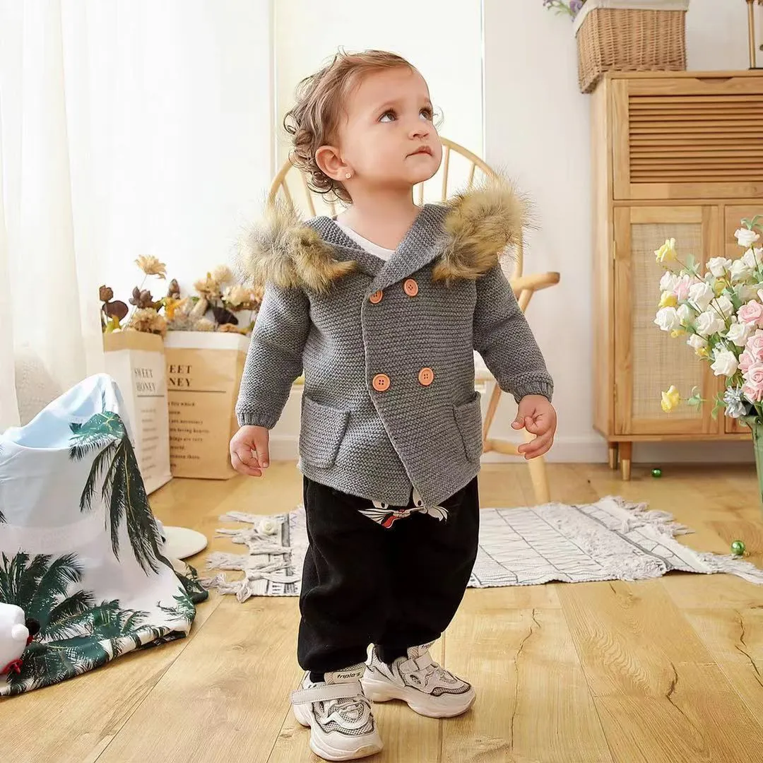 Animal Ears Warm Collar Hoodie Long Sleeve Coats Buttoned Knitted Wear Baby Cardigan