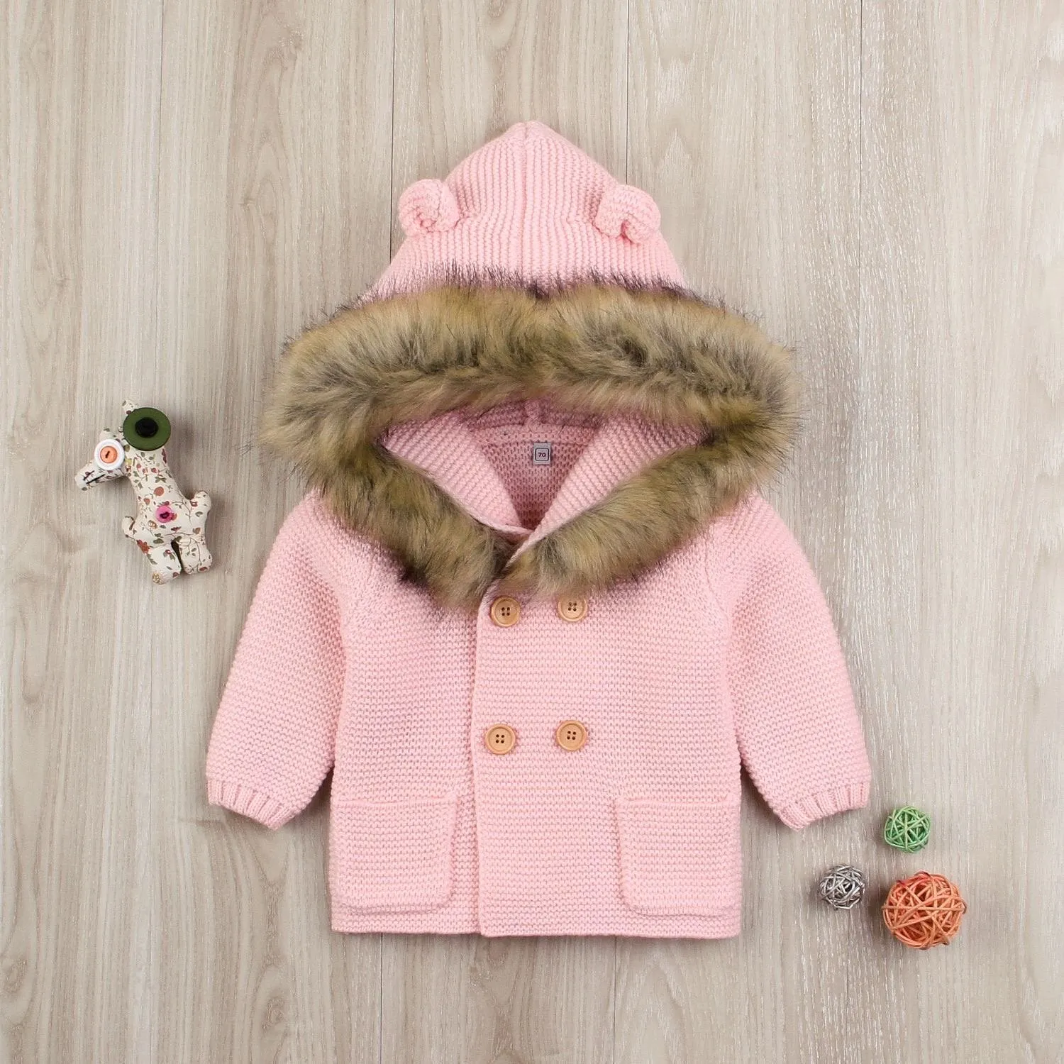 Animal Ears Warm Collar Hoodie Long Sleeve Coats Buttoned Knitted Wear Baby Cardigan