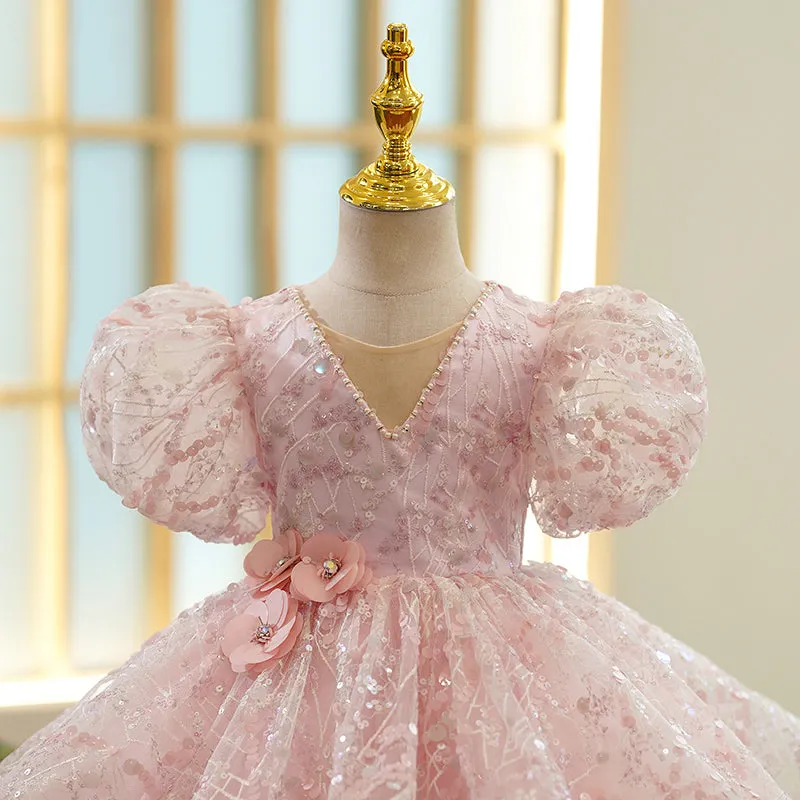 Baby Girl Birthday Party Dresses Girl Cute Sequined Puff Sleeves Formal Princess Dresses