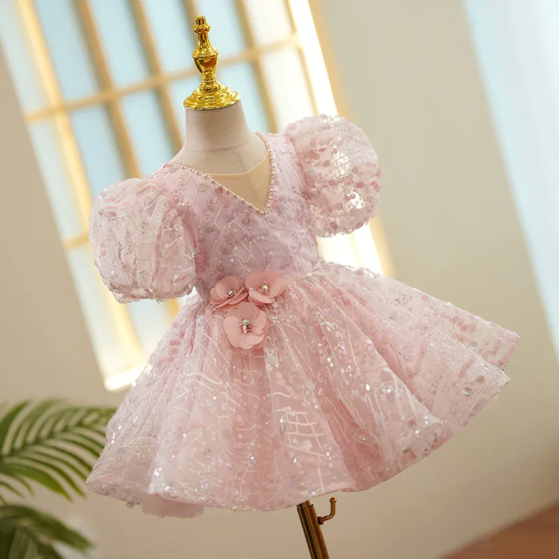 Baby Girl Birthday Party Dresses Girl Cute Sequined Puff Sleeves Formal Princess Dresses