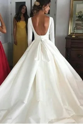 Ball Gown Long Sleeve Backless Ivory Wedding Dresses Long Cheap Bridal Dresses WK655