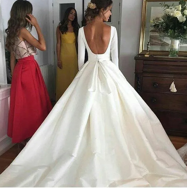 Ball Gown Long Sleeve Backless Ivory Wedding Dresses Long Cheap Bridal Dresses WK655