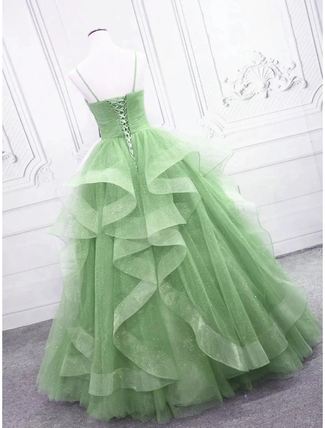 Ball Gown Prom Dresses Glittering Dress Formal Wedding Guest Floor Length Sleeveless V Neck Tulle with Glitter Ruffles