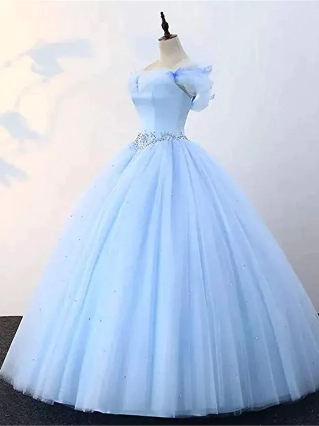 Ball Gown Prom Dresses Princess Dress Graduation Floor Length Sleeveless Off Shoulder Tulle with Pearls