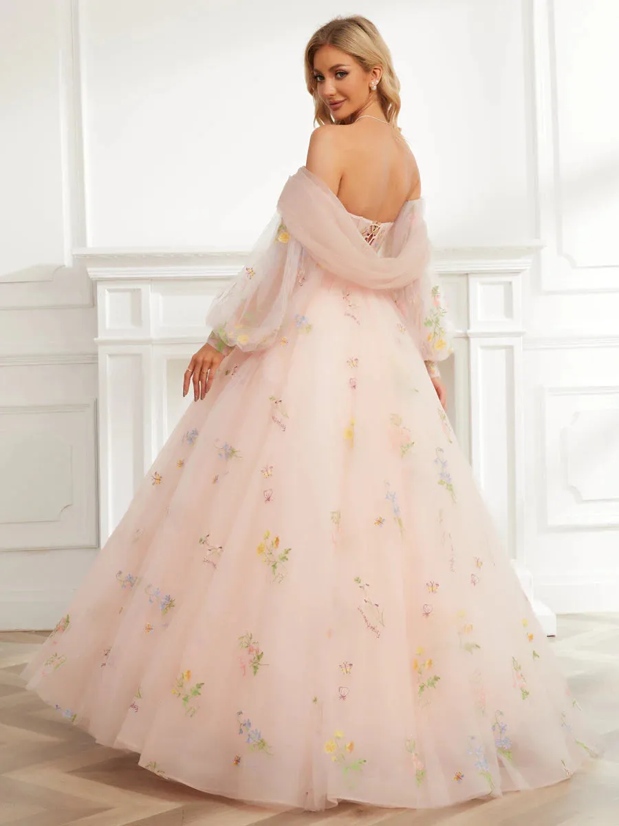 Ball Gown Sweetheart Embroidery Tulle Long Prom Dresses With Detachable Shawl