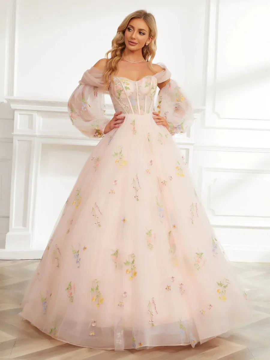 Ball Gown Sweetheart Embroidery Tulle Long Prom Dresses With Detachable Shawl