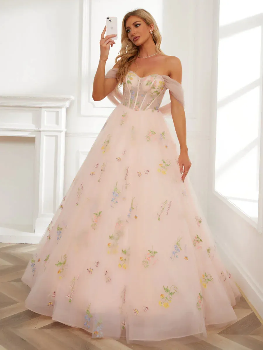 Ball Gown Sweetheart Embroidery Tulle Long Prom Dresses With Detachable Shawl