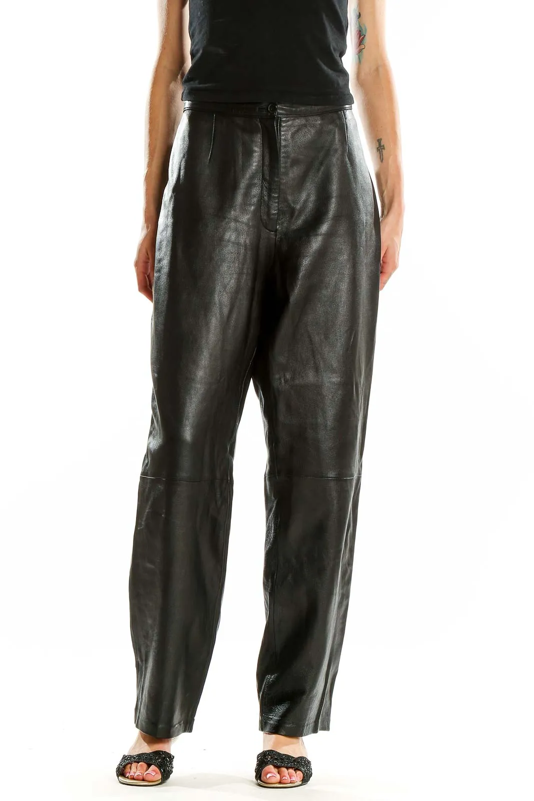 Black Genuine Leather Wide-Leg Pants