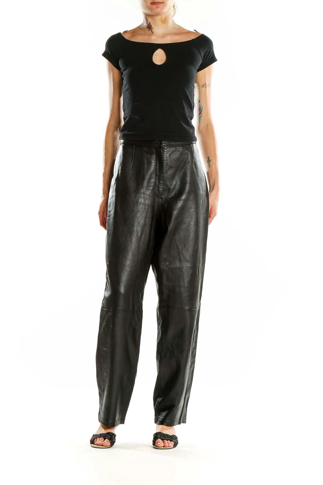 Black Genuine Leather Wide-Leg Pants