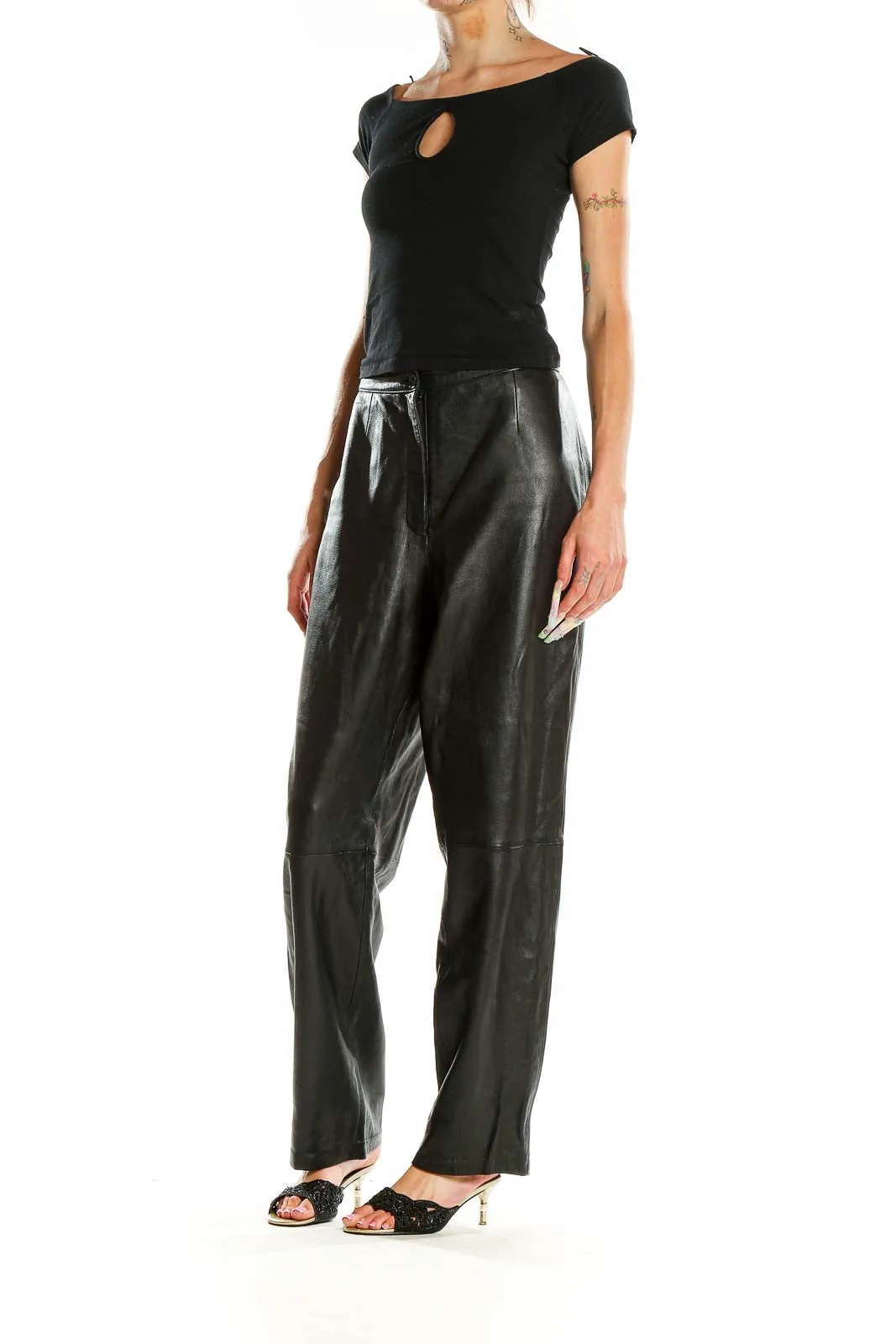 Black Genuine Leather Wide-Leg Pants