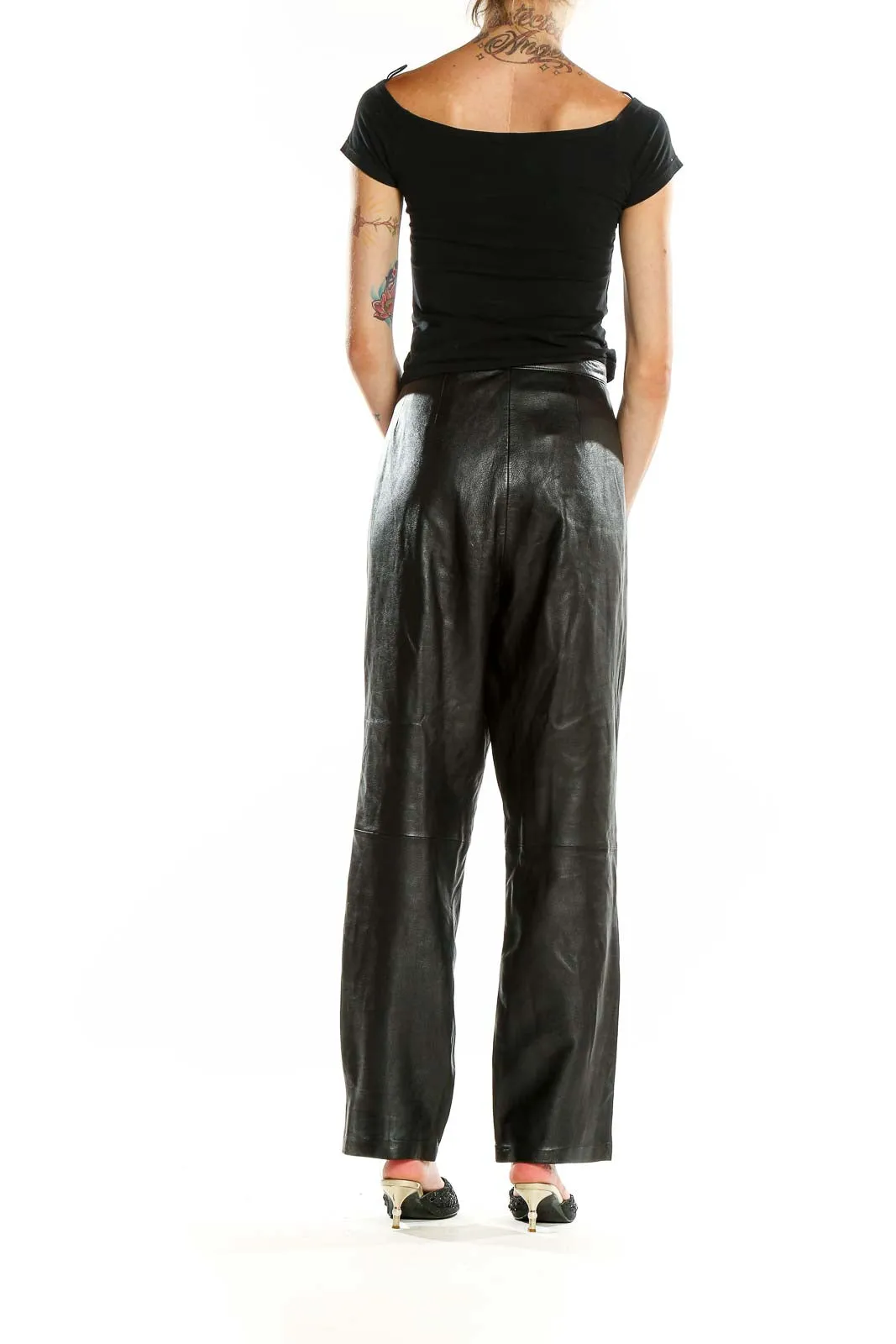 Black Genuine Leather Wide-Leg Pants