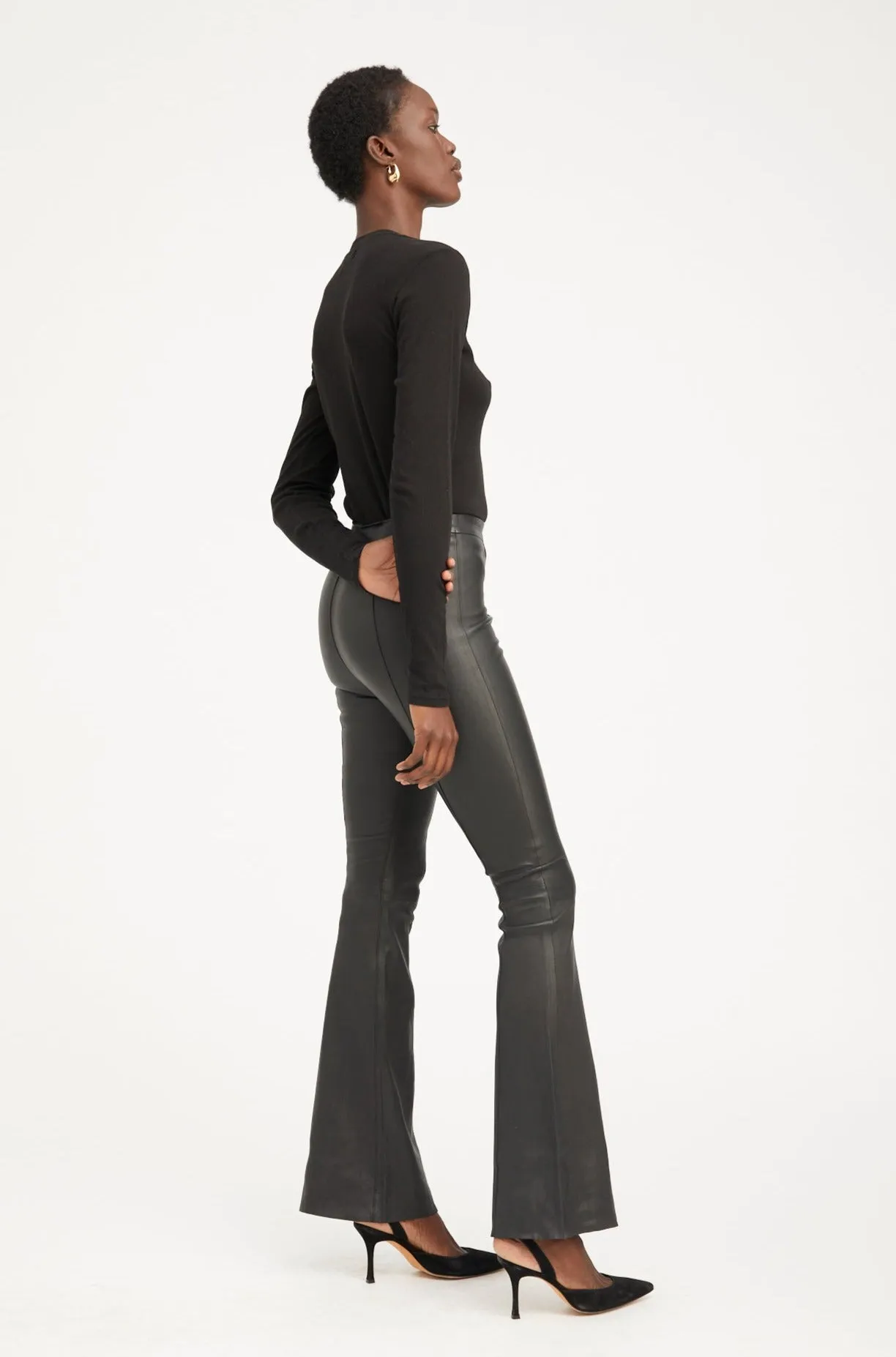 Black Leather Super Flare Pants with Princess Seams