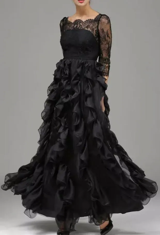 Black Ruffled Lace Gown