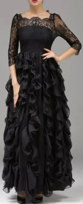 Black Ruffled Lace Gown