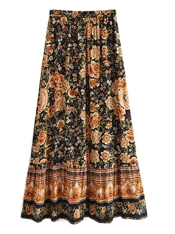 Bohemian Black Ruffle Hem Wrap Knotted Floral Skirt