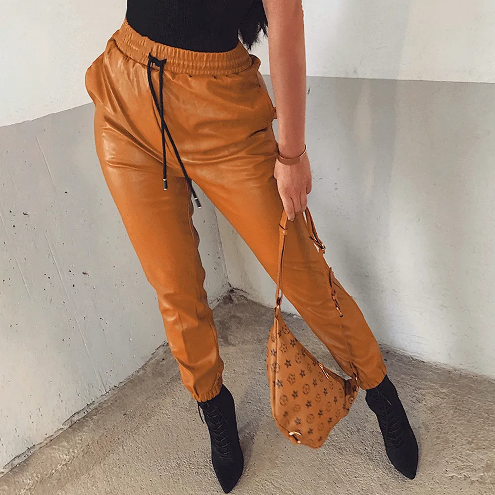 Brown Leather Pants Autumn Winter Sexy Tight High Elastic Pu Feet Leather Pants Women