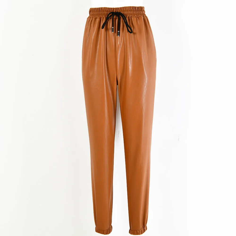 Brown Leather Pants Autumn Winter Sexy Tight High Elastic Pu Feet Leather Pants Women