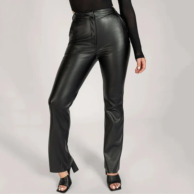 Brown Leather Pants PU Leather Bootcut Trousers Women's Casual Pants