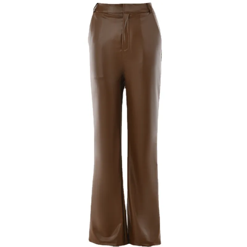 Brown Leather Pants PU Leather Bootcut Trousers Women's Casual Pants