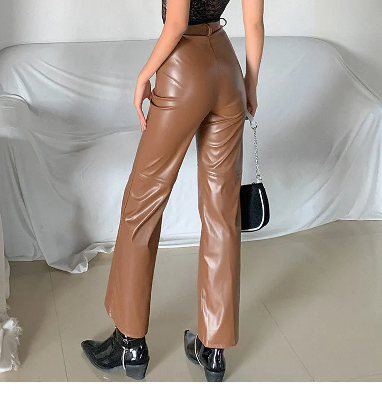 Brown Leather Pants Retro High Waist Make Legs Look Long Leather Pants Women's Hot Girl Loose Wide-Leg Pants