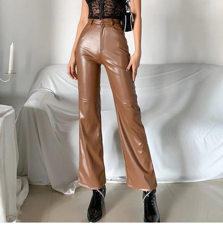 Brown Leather Pants Retro High Waist Make Legs Look Long Leather Pants Women's Hot Girl Loose Wide-Leg Pants