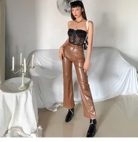 Brown Leather Pants Retro High Waist Make Legs Look Long Leather Pants Women's Hot Girl Loose Wide-Leg Pants