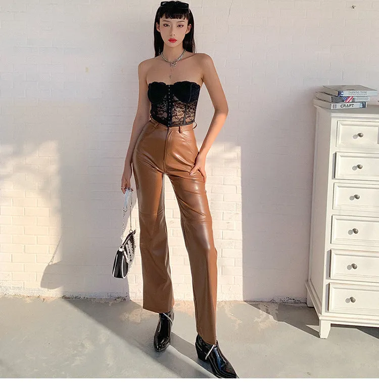 Brown Leather Pants Retro High Waist Make Legs Look Long Leather Pants Women's Hot Girl Loose Wide-Leg Pants