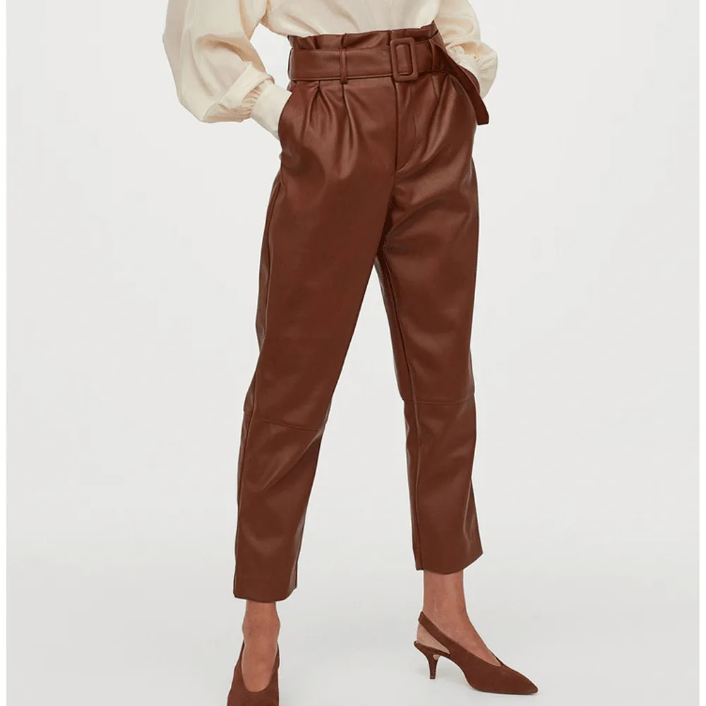 Brown Leather Pants Spring Wide Belt Leather Pants Women'S Washed Pu Leather Trousers Women