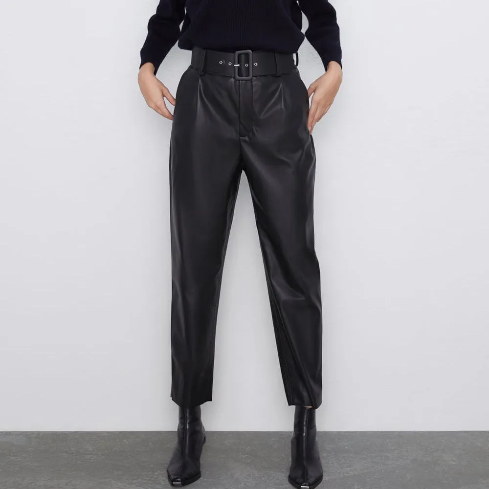 Brown Leather Pants Spring Wide Belt Leather Pants Women'S Washed Pu Leather Trousers Women