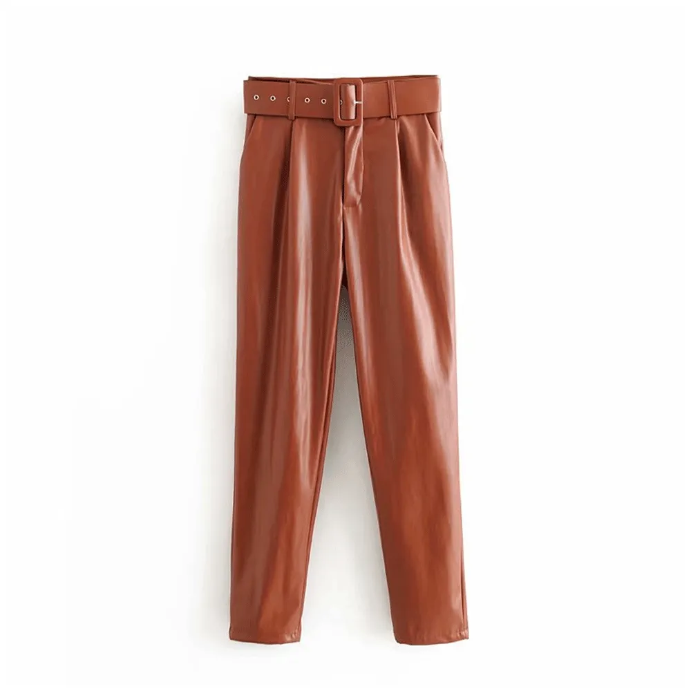 Brown Leather Pants Spring Wide Belt Leather Pants Women'S Washed Pu Leather Trousers Women