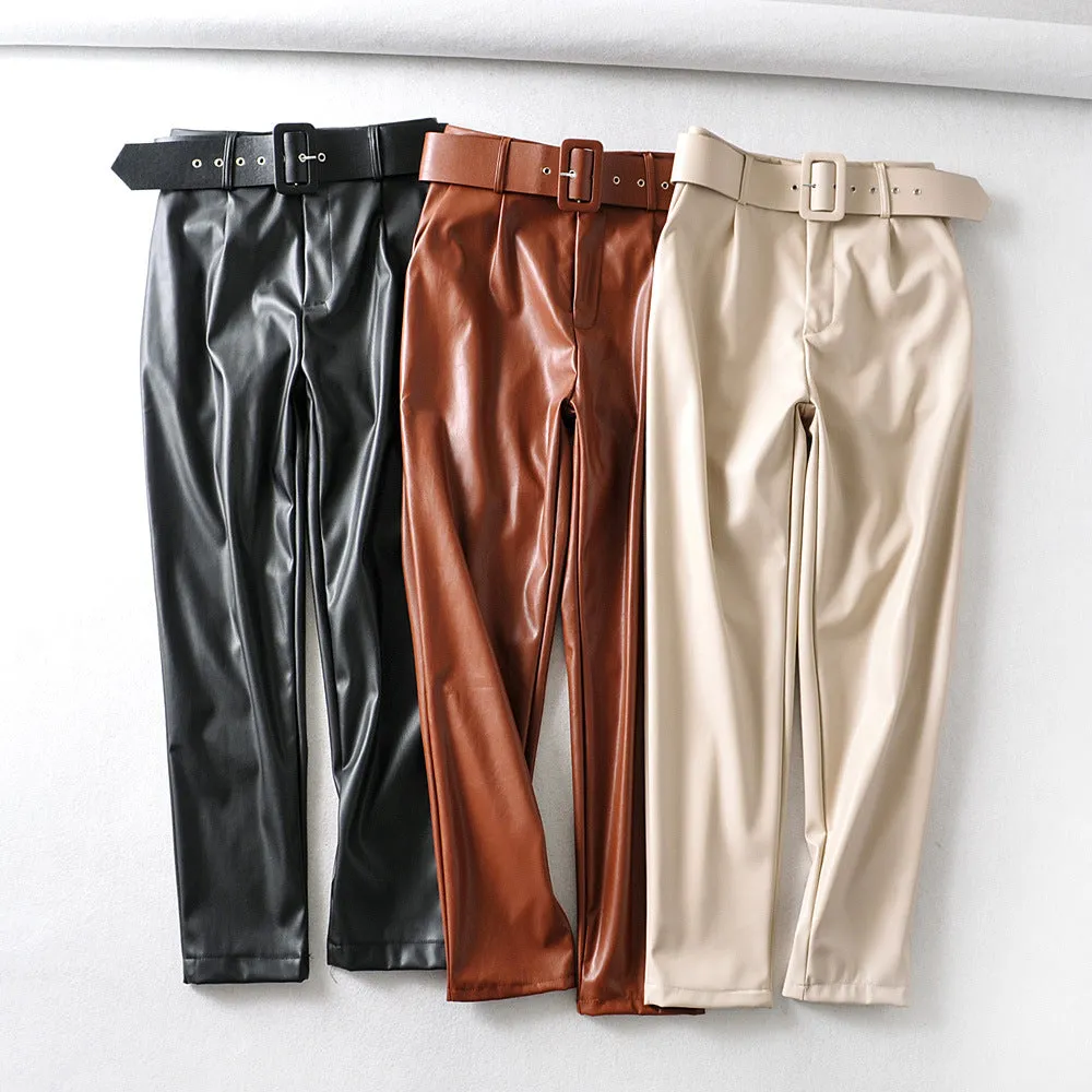 Brown Leather Pants Spring Wide Belt Leather Pants Women'S Washed Pu Leather Trousers Women