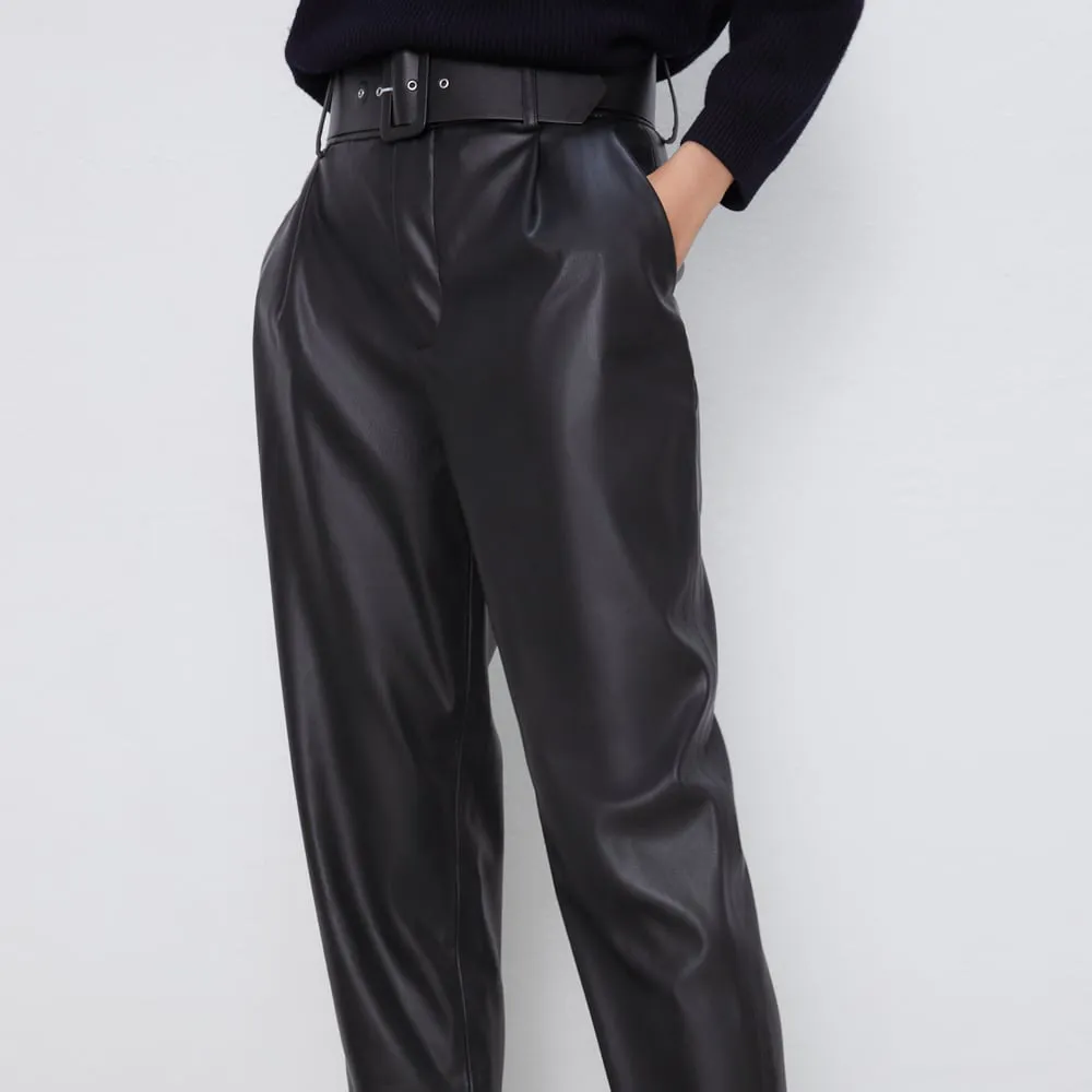 Brown Leather Pants Spring Wide Belt Leather Pants Women'S Washed Pu Leather Trousers Women