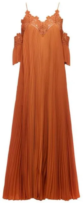 Burnt Orange Pleated Dress with Off-Shoulder Detail