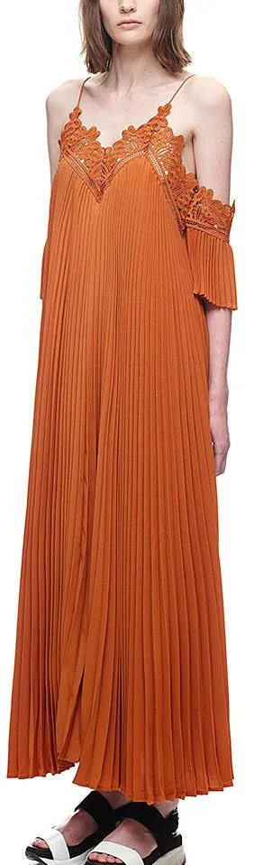 Burnt Orange Pleated Dress with Off-Shoulder Detail