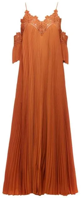 Burnt Orange Pleated Dress with Off-Shoulder Detail