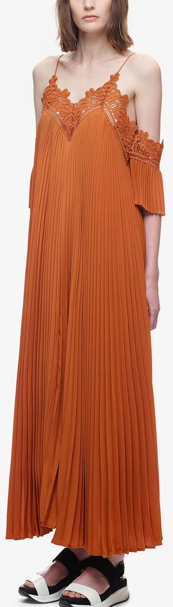 Burnt Orange Pleated Dress with Off-Shoulder Detail