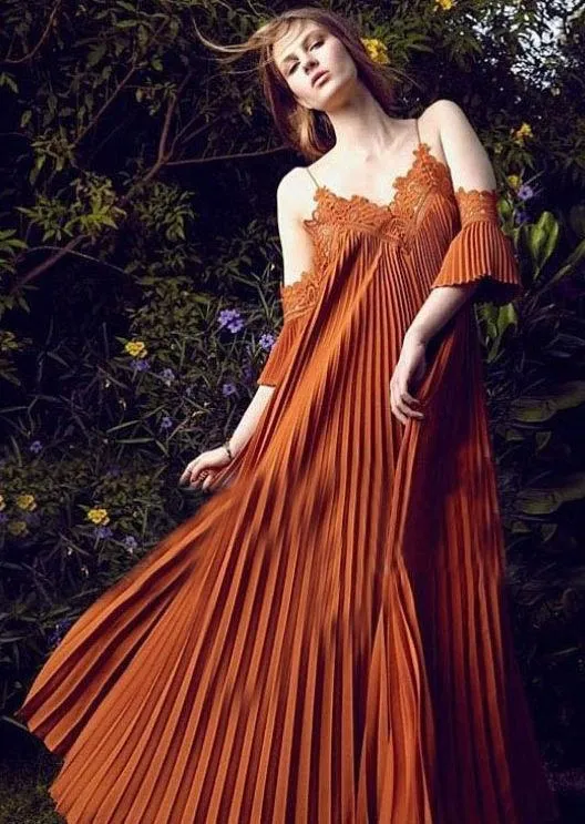 Burnt Orange Pleated Dress with Off-Shoulder Detail