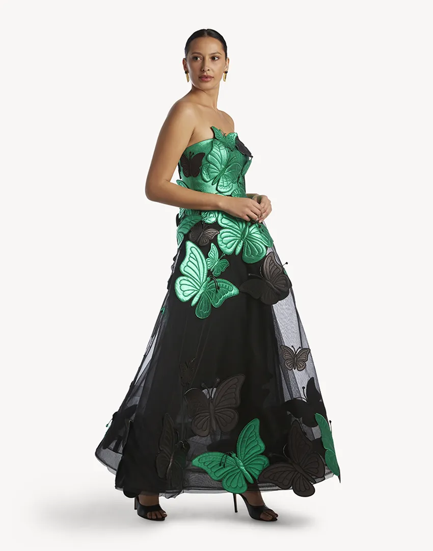 Butterfly Applique Strapless Gown