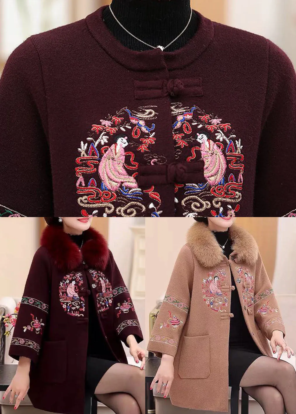 Camel Warm Woolen Coats Faux Fur Collar Embroideried Pockets Winter