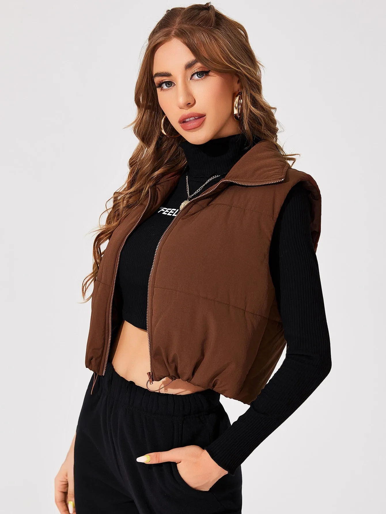 Casual Plain Zipper Sleeveless Collar Crop Women Winter Coat