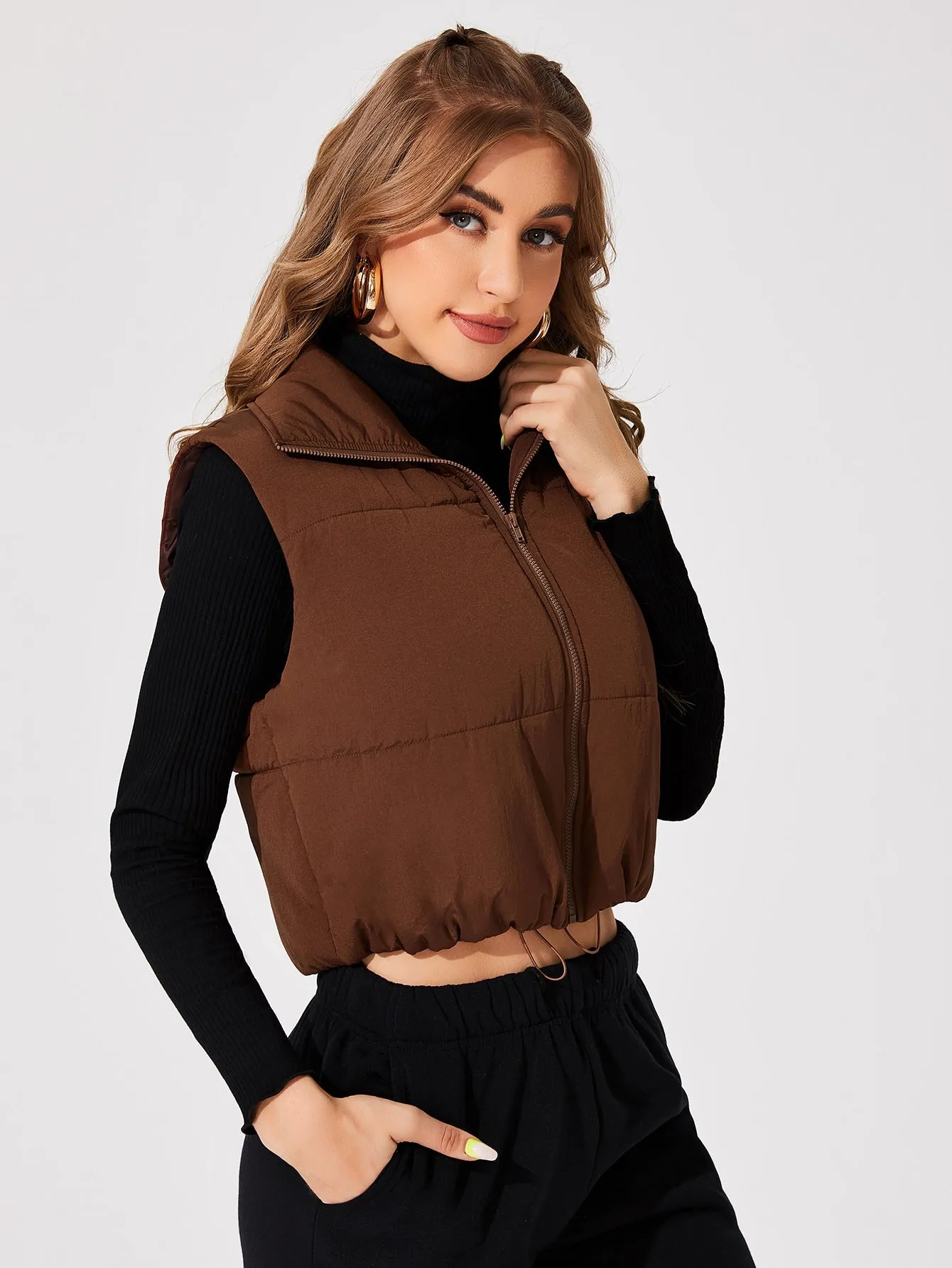 Casual Plain Zipper Sleeveless Collar Crop Women Winter Coat