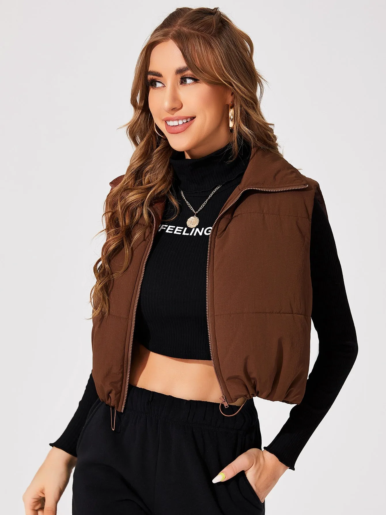 Casual Plain Zipper Sleeveless Collar Crop Women Winter Coat