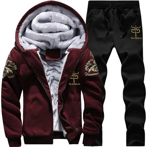 Causal Tracksuits Men Set hooded Thicken Fleece Hoodies   Sweatpant 2019 Winter Spring Sweatshirt Sportswear Male Letter Print