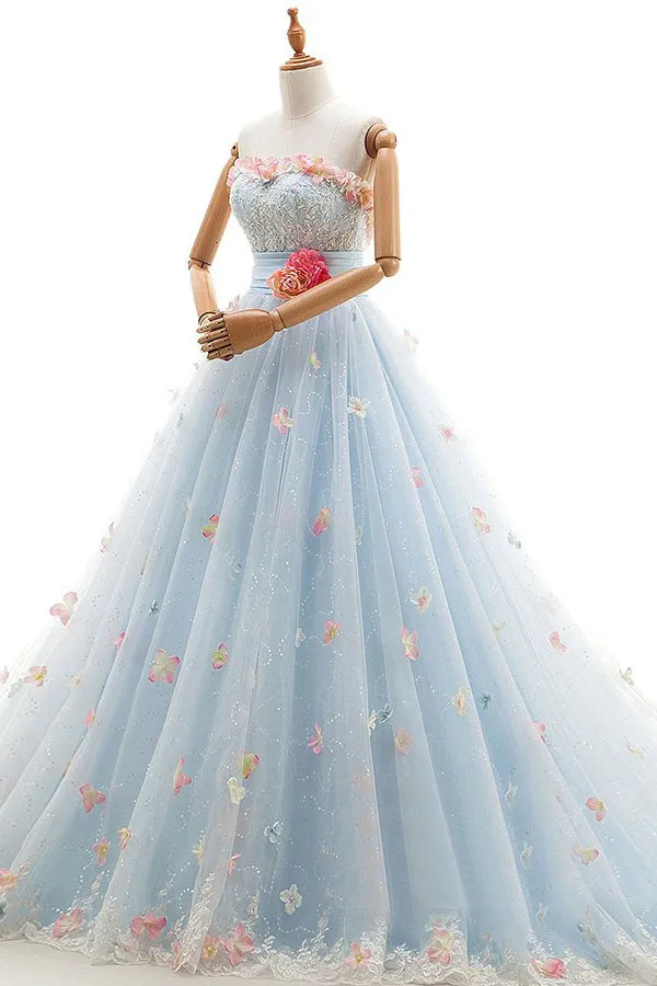 Charming Light Blue Tulle Sweetheart Ball Gown Court Train Wedding Dresses