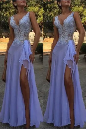 Chic See Through V-Neck Evening Dresses A-Line Sleeveless Lace Ball Dress