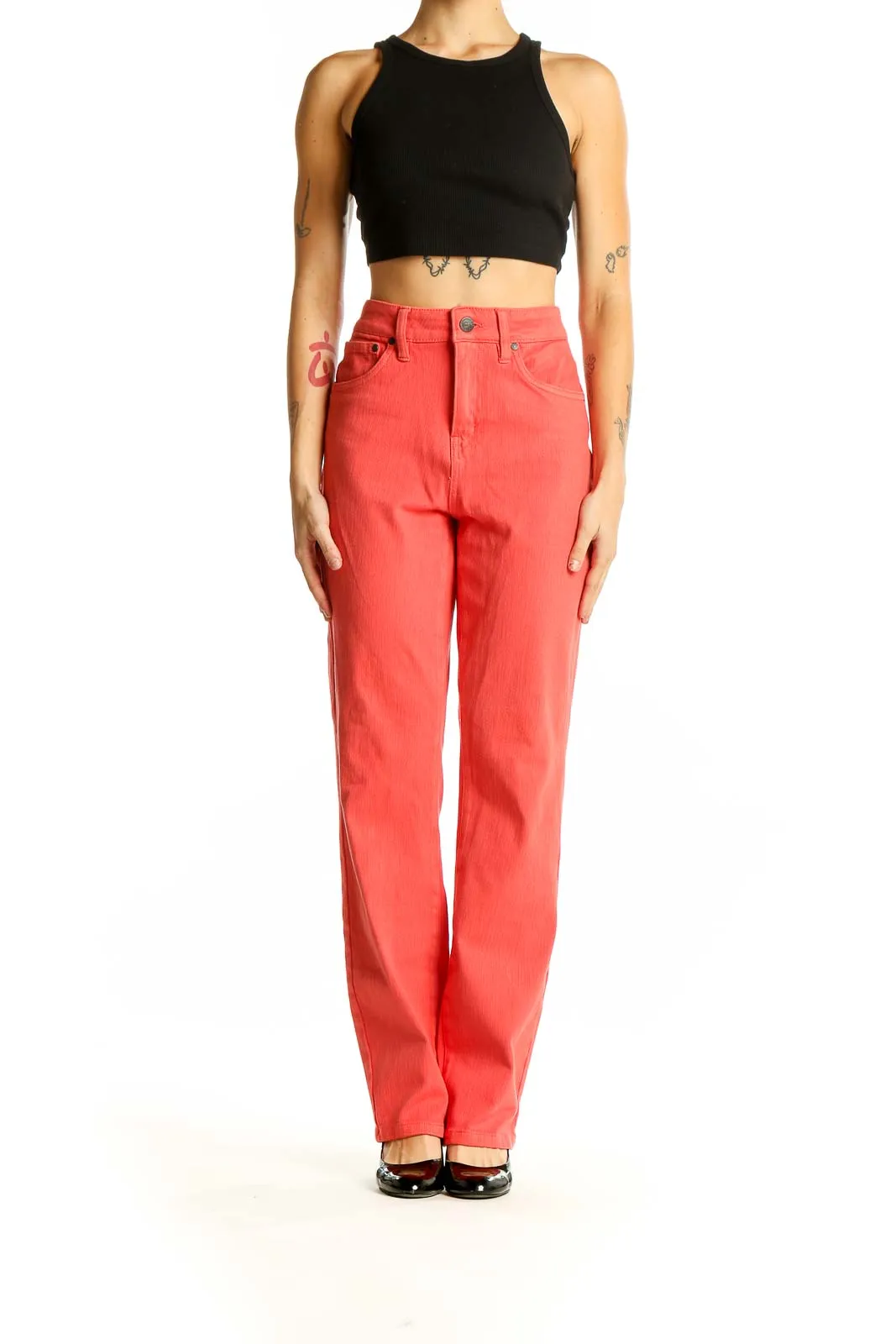 Coral High-Waisted Straight Leg Jeans