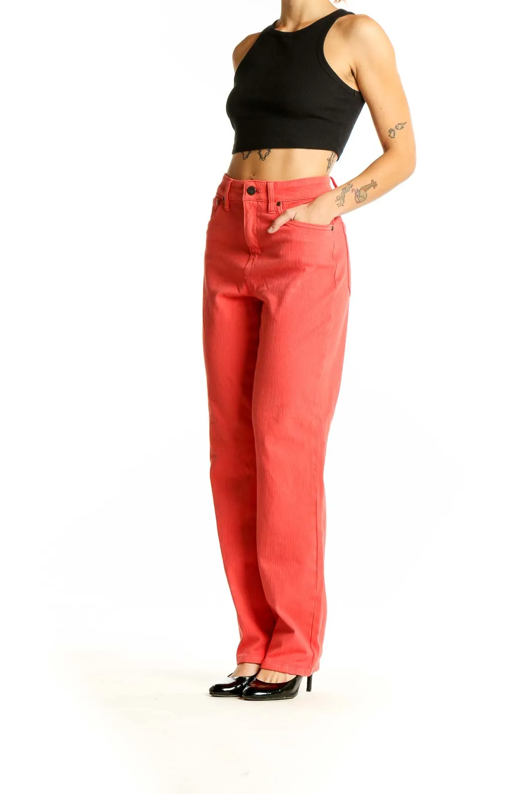 Coral High-Waisted Straight Leg Jeans